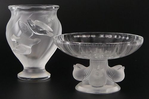 2 PCS LALIQUE FRANCE CRYSTAL VASE &