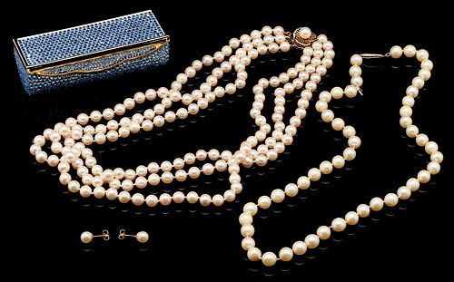 2 PEARL NECKLACES, 1 PAIR OF