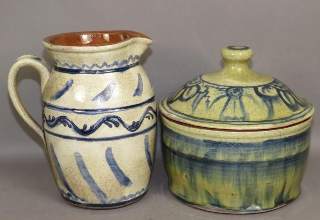 2 PIECES FOLK ART REDWARE CREAM &