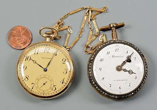 2 POCKET WATCHES, 14K WALTHAM W/
