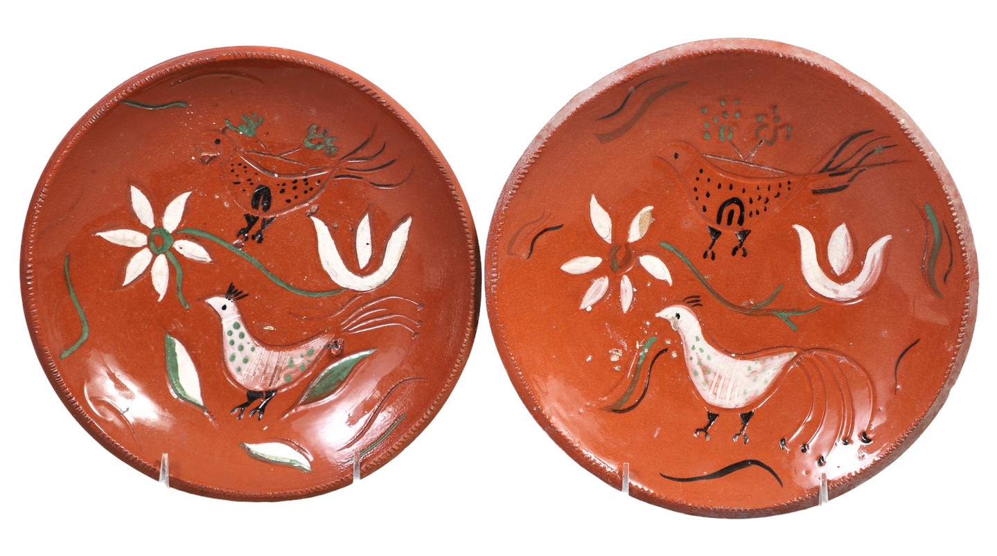 (2) Pottery redware plates, bird