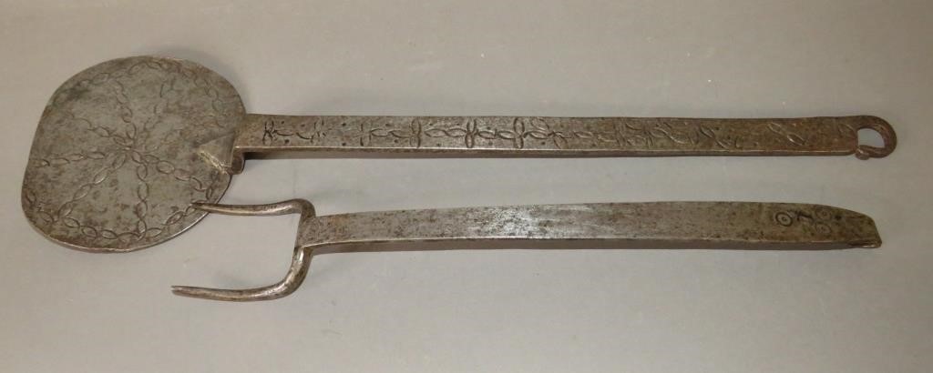 2 PRIMITIVE WROUGHT IRON HEARTHSIDE