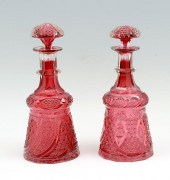 2 RED EAPG CUT GLASS DECANTERS