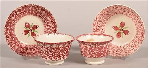 2 RED SPONGE CHINA CUPS AND