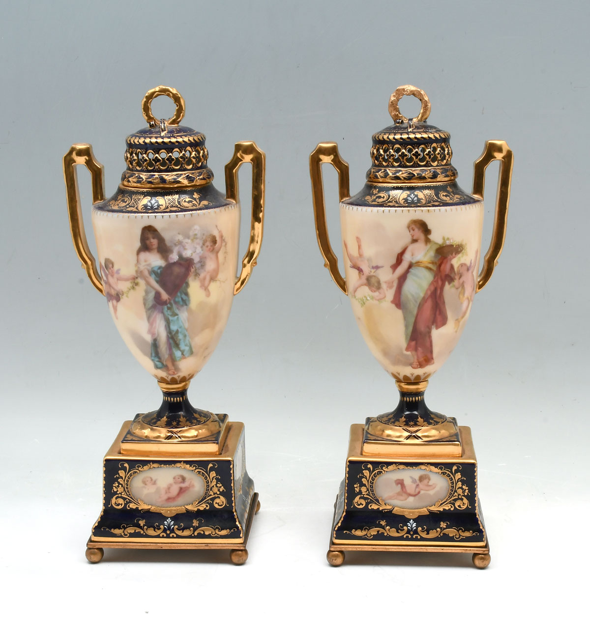 2 ROYAL VIENNA FIGURAL LIDDED URNS: