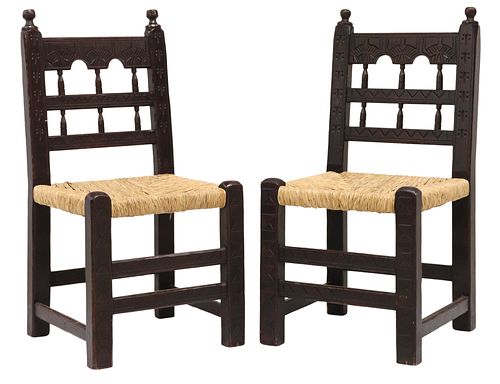 (2) RUSTIC SPANISH CARVED RUSH-SEAT