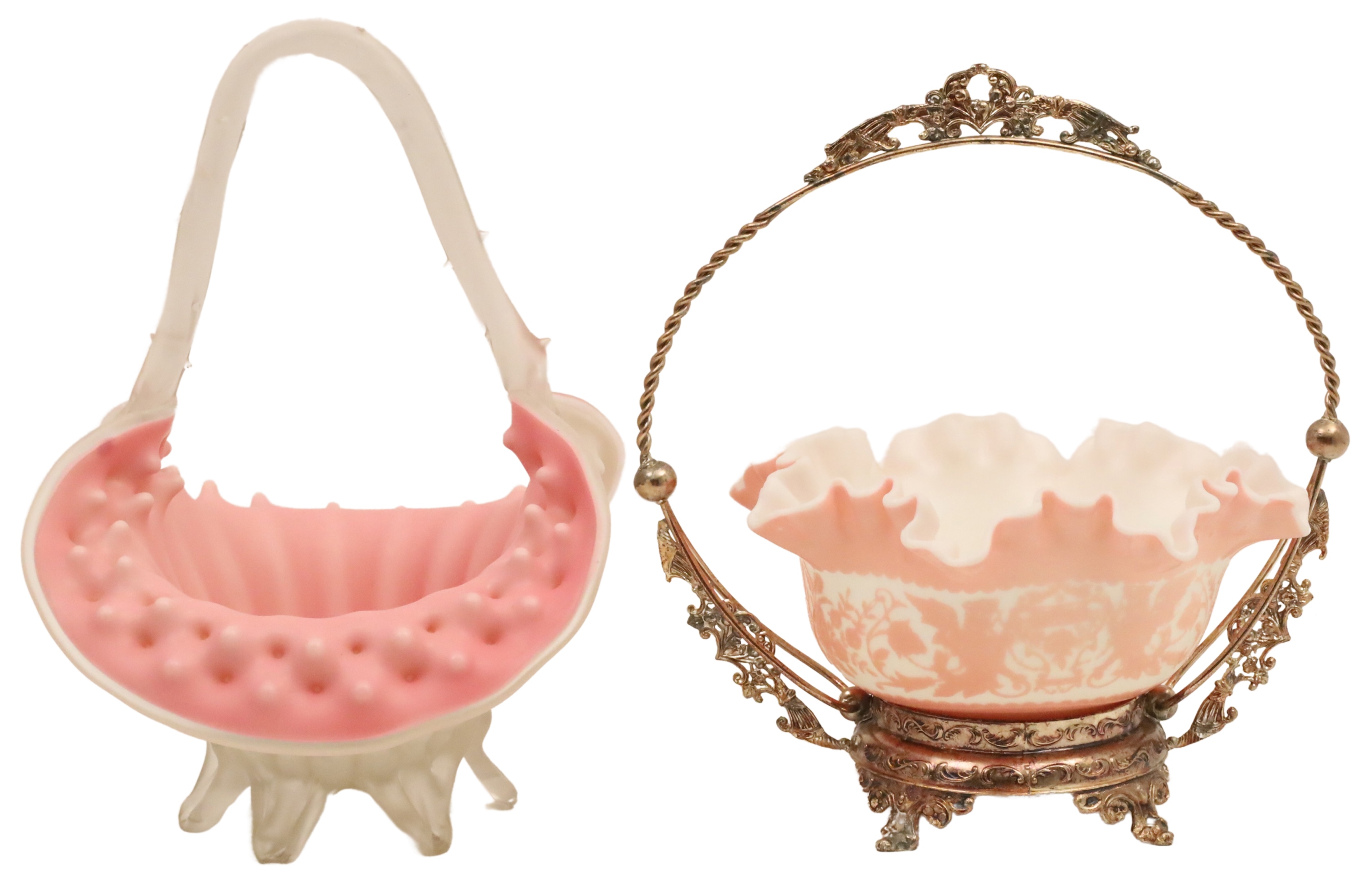 2 SATIN GLASS BRIDES BASKETS Two