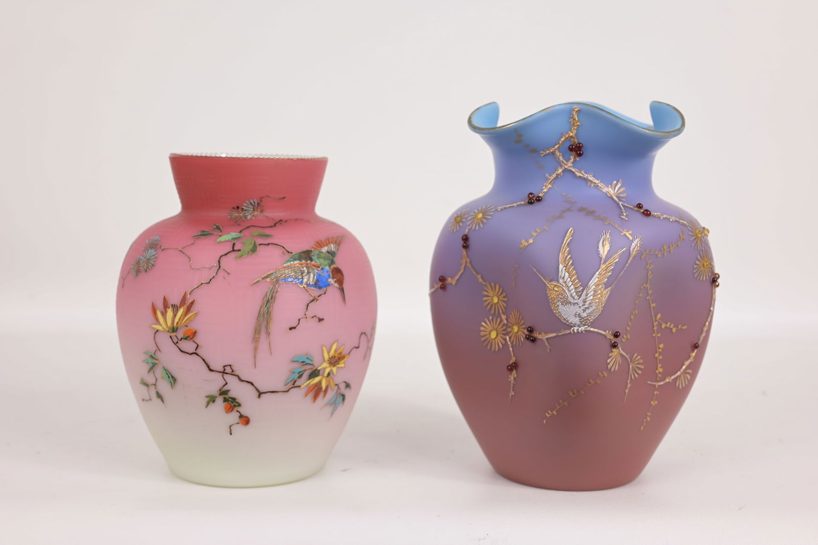 (2) SATIN GLASS VASES W/ BIRD