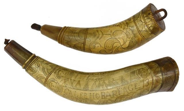 (2) SCRIMSHAW POWDER HORNS