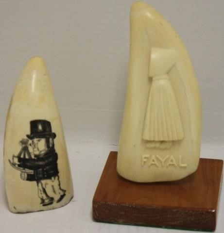 2 SCRIMSHAW WHALES TEETH, LATE 20TH