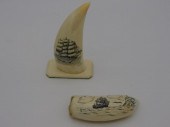 (2) SCRIMSHAWED WHALE'S TEETH,