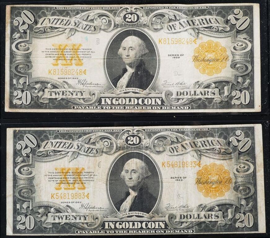 (2) SERIES 1922 $20 GOLD