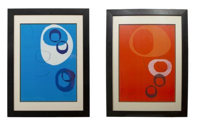 (2) SIGNED MODERN BLUE & RED