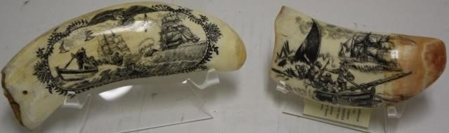 2 SIGNED SCRIMSHAW WHALE'S TEETH BY