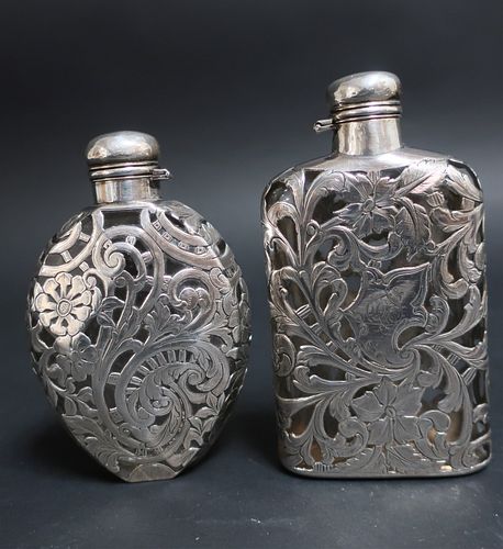 2 SILVER OVERLAY & GLASS FLASK
