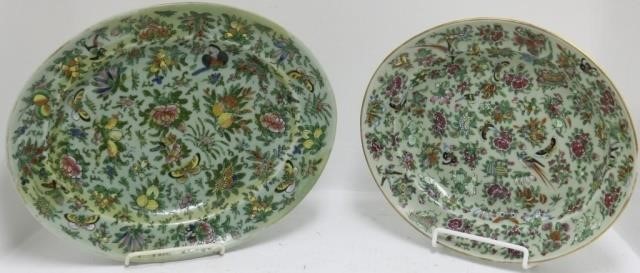 2 SIMILAR ROSE CELADON PLATTERS,