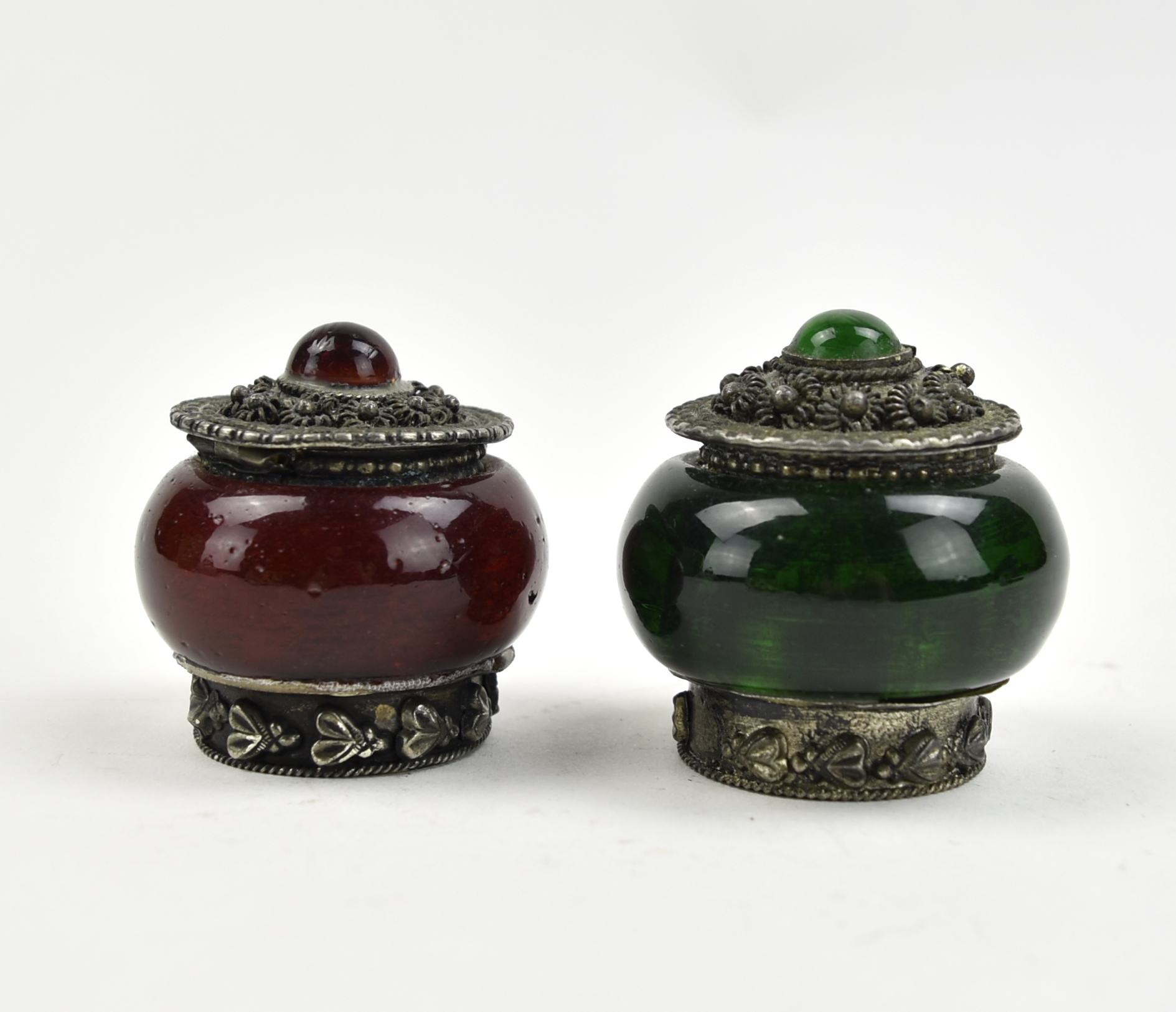 2 SMALL GLASS INK WELL /