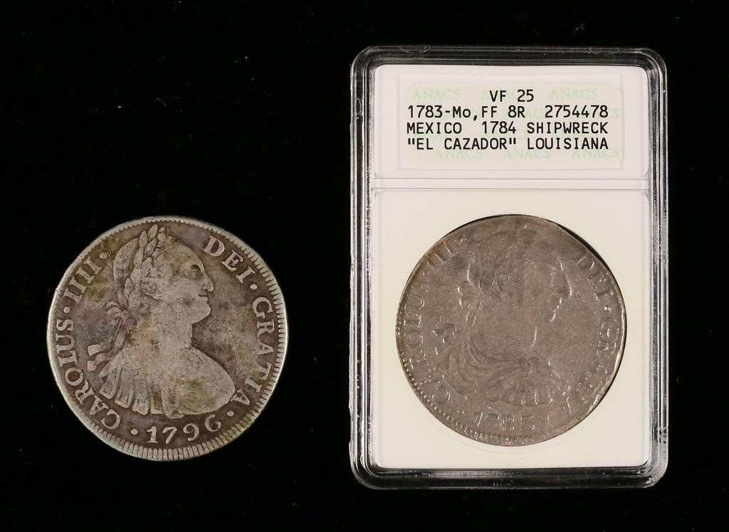 2 SPANISH 8 REALES COINS EL CAZADOR