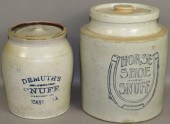 2 STENCILED STONEWARE COVERED