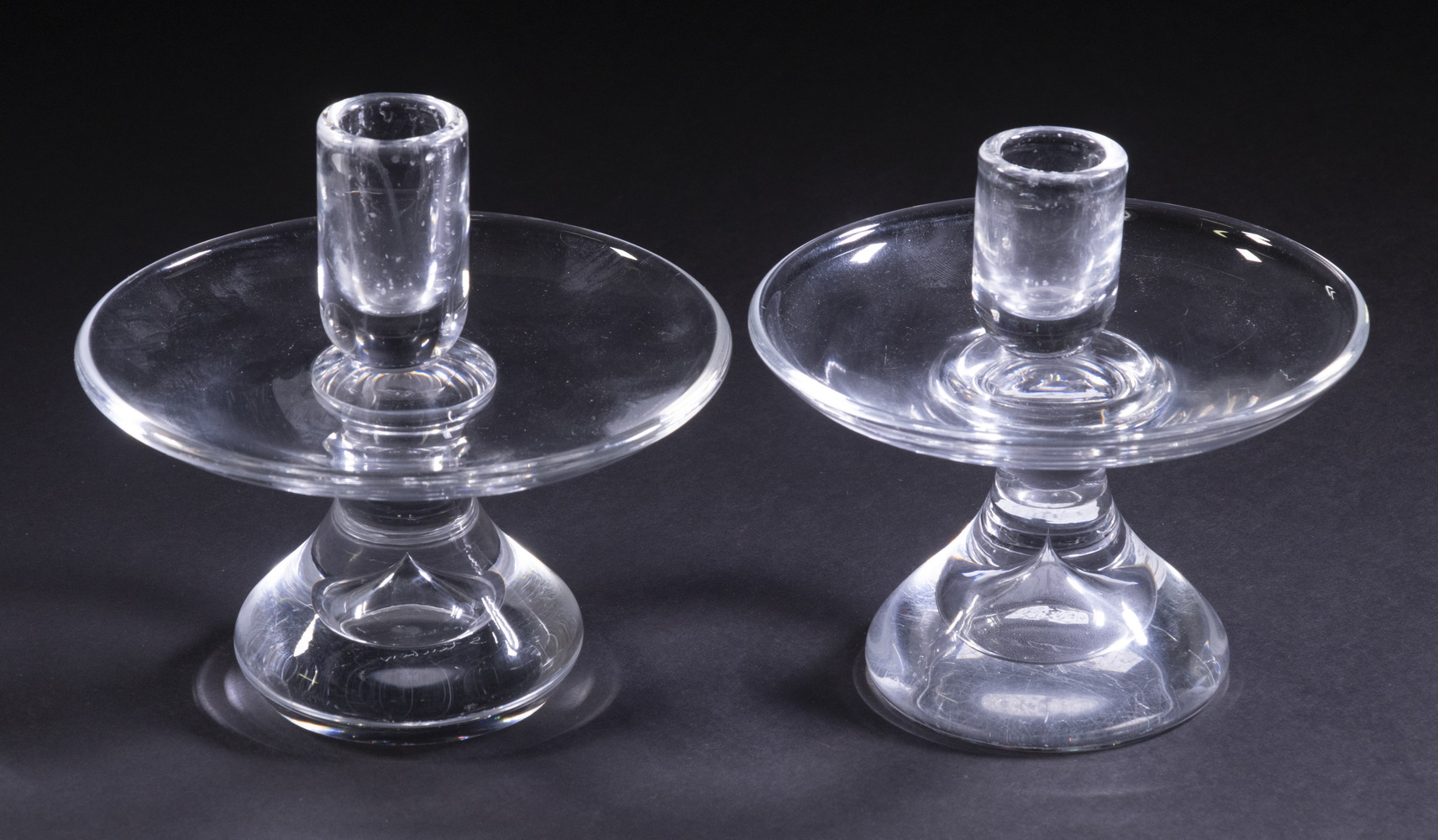 (2) STEUBEN CANDLESTICKS Near