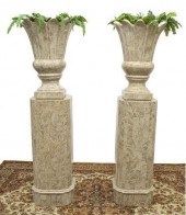 (2) STONE TILED URN PLANTERS O