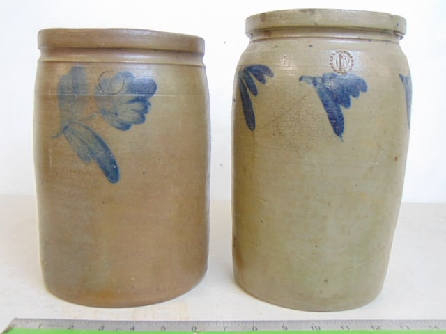 2 STONEWARE CROCKS WITH BLUE