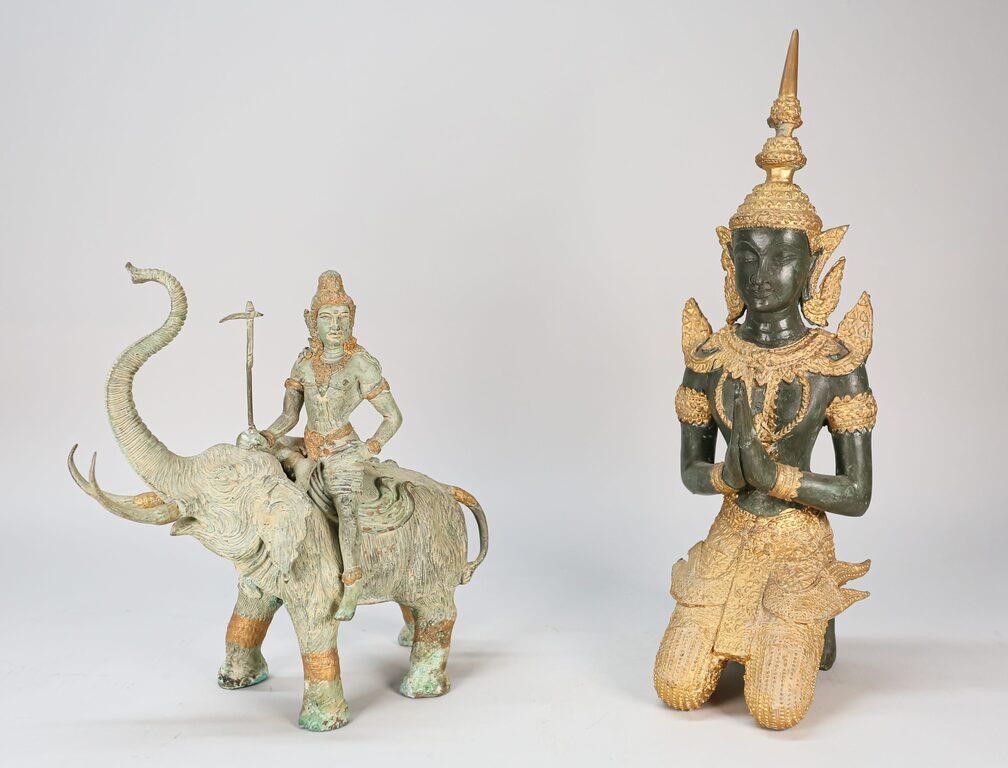 2 THAI PAINTED METAL AND GILT
