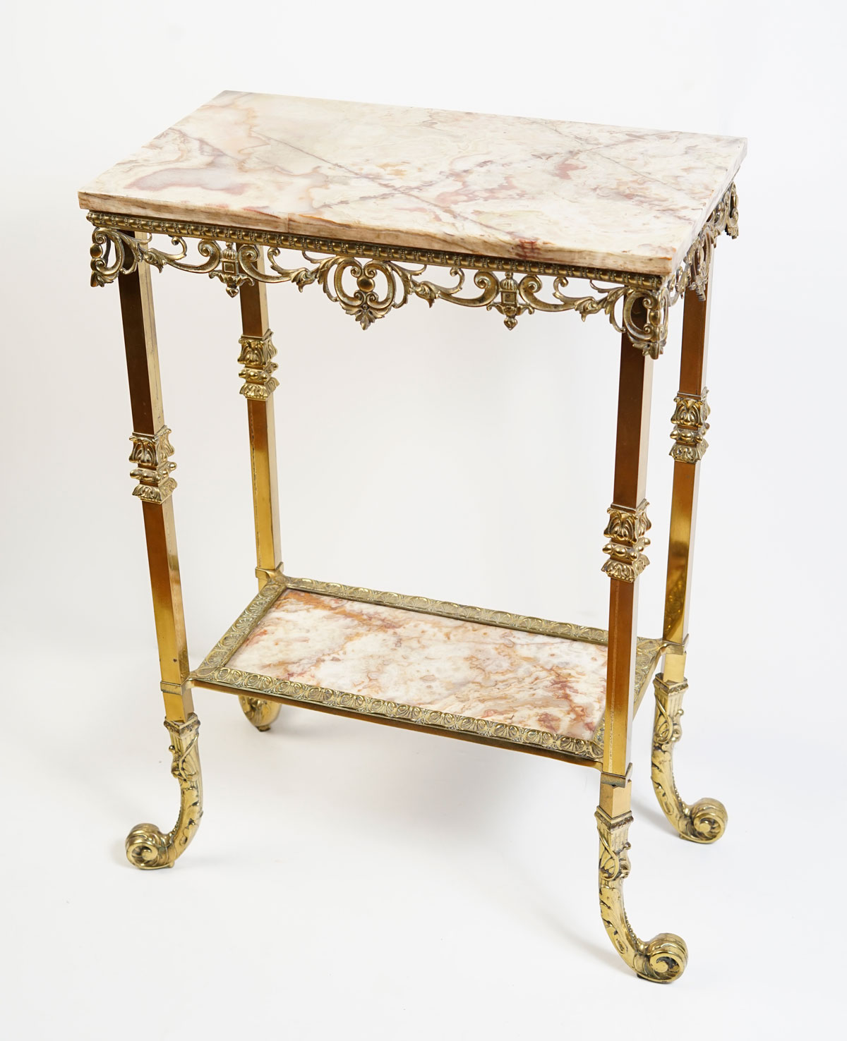 2-TIERED MARBLE AND BRASS STAND: