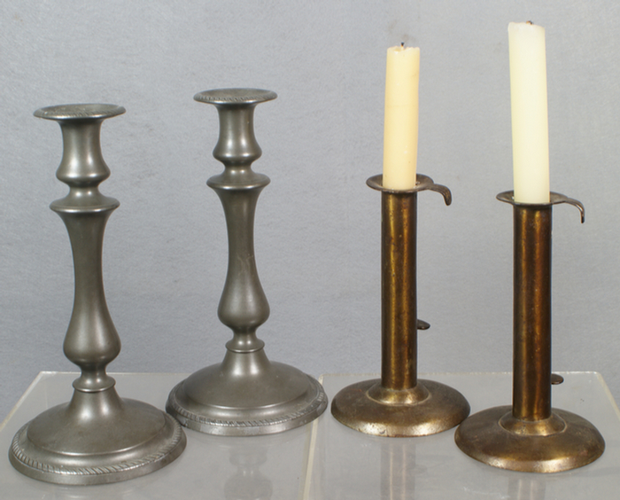 2 tin hogscraper candlesticks, 6
