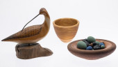 2 TURNED WOOD BOWLS, WOOD BIRD