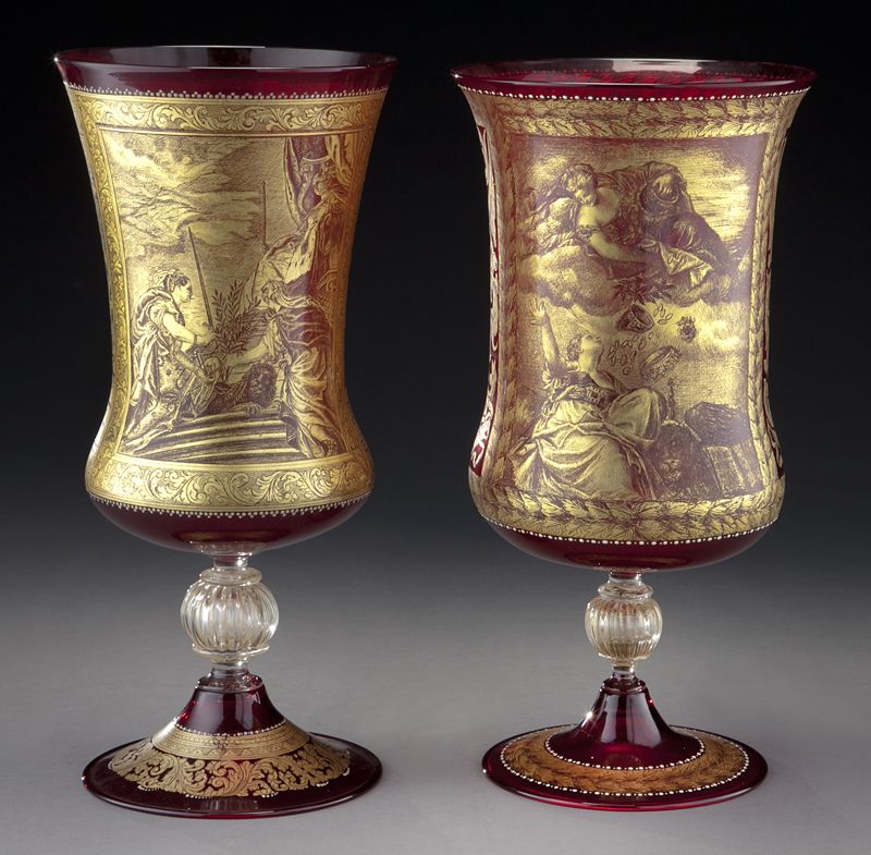 (2) Venetian gilt cranberry glass