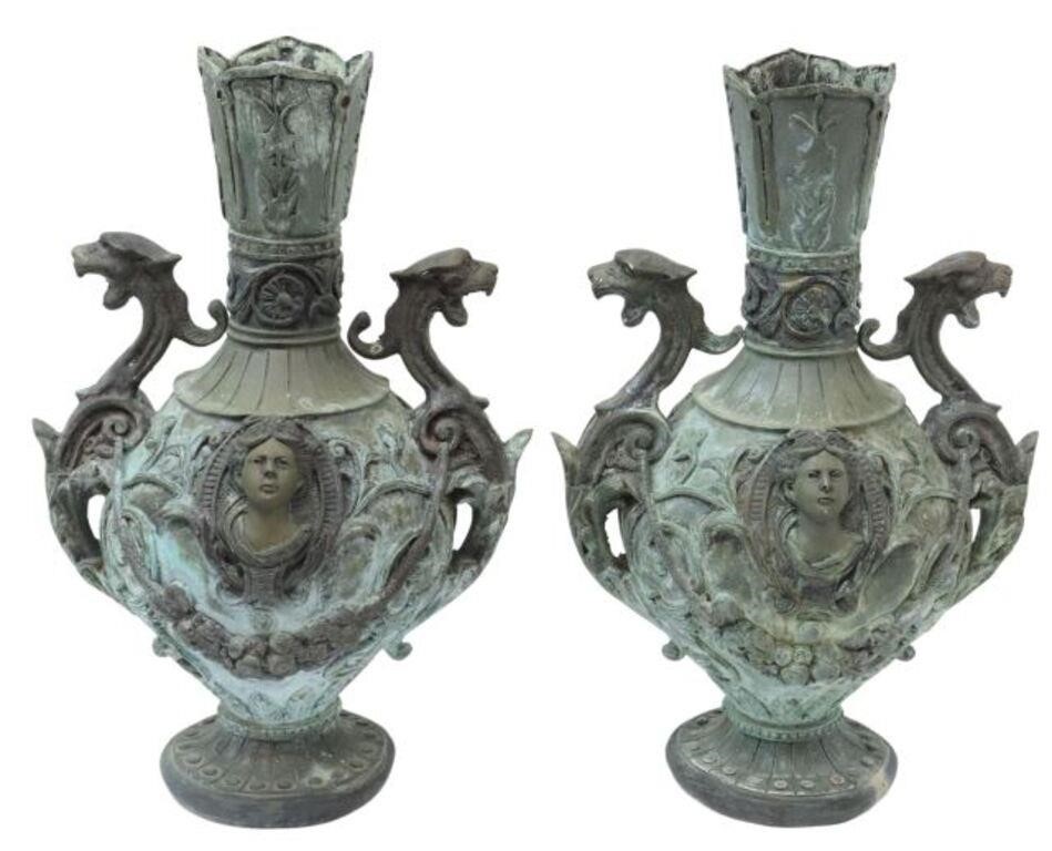 (2) VERDIGRIS BRONZE HANDLE VASES /