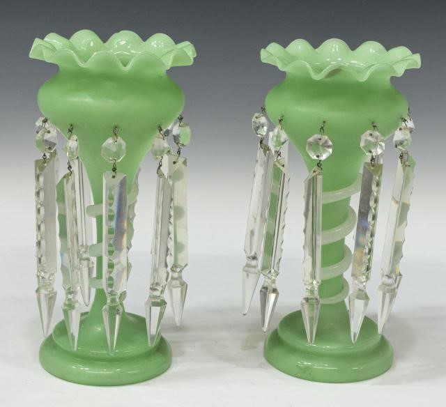 (2) VICTORIAN GREEN OPALINE GLASS