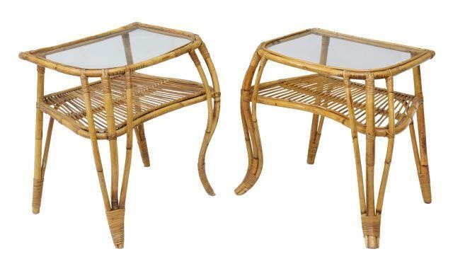 (2) VINTAGE GLASS-TOP BAMBOO &