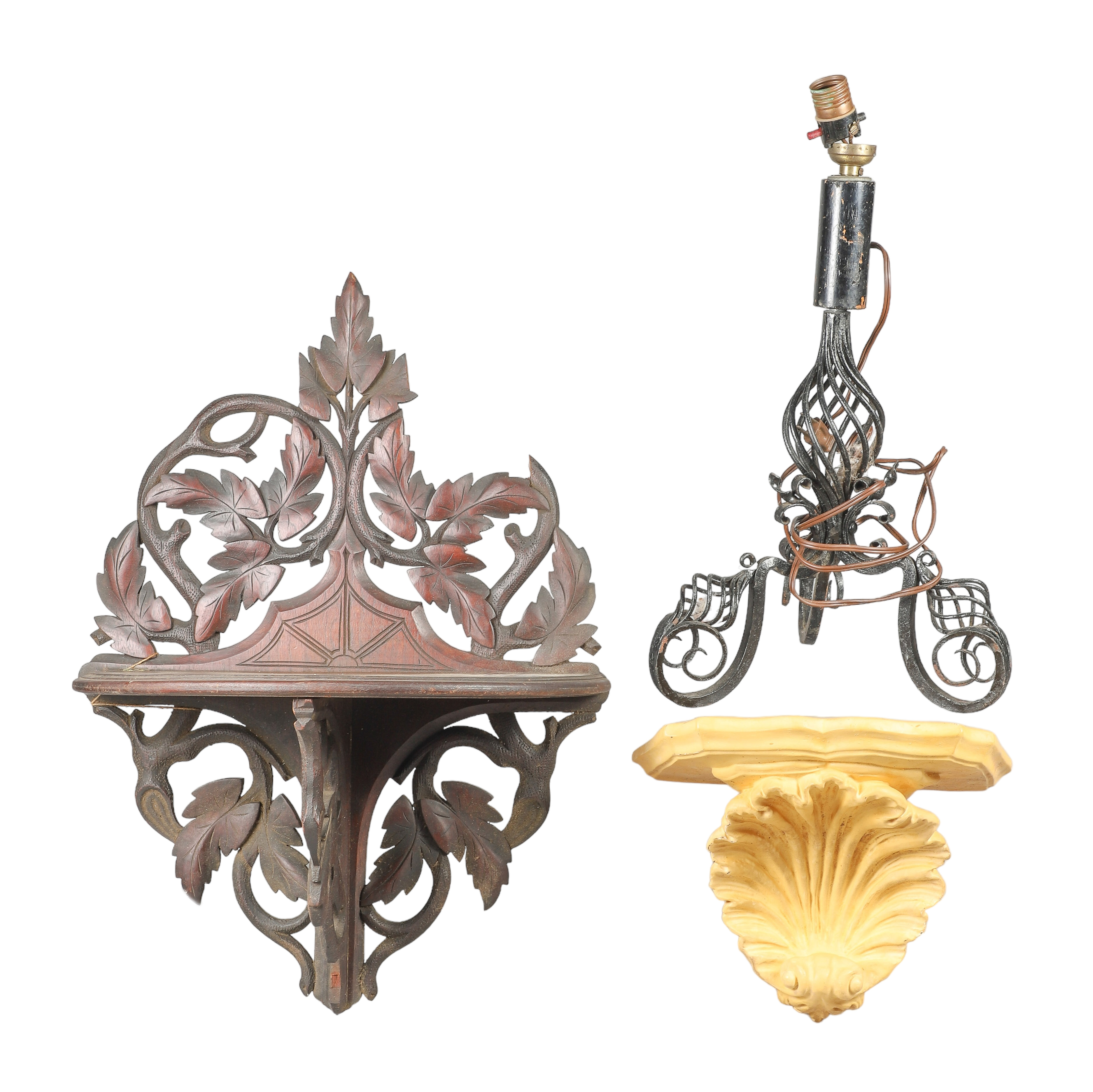 (2) Wall shelves and iron lamp to