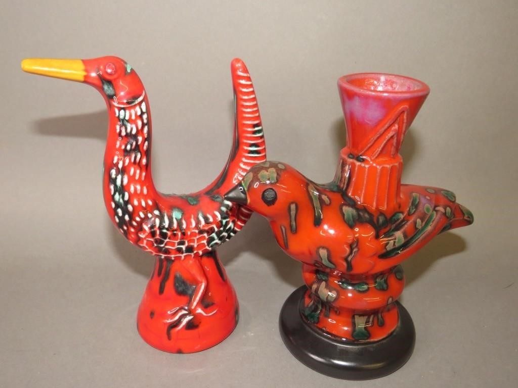 2 WHIMSICAL POTTERY BIRD FIGURES BY