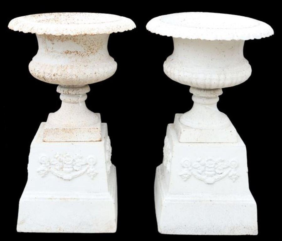 (2) WHITE CAST IRON GARDEN URN
