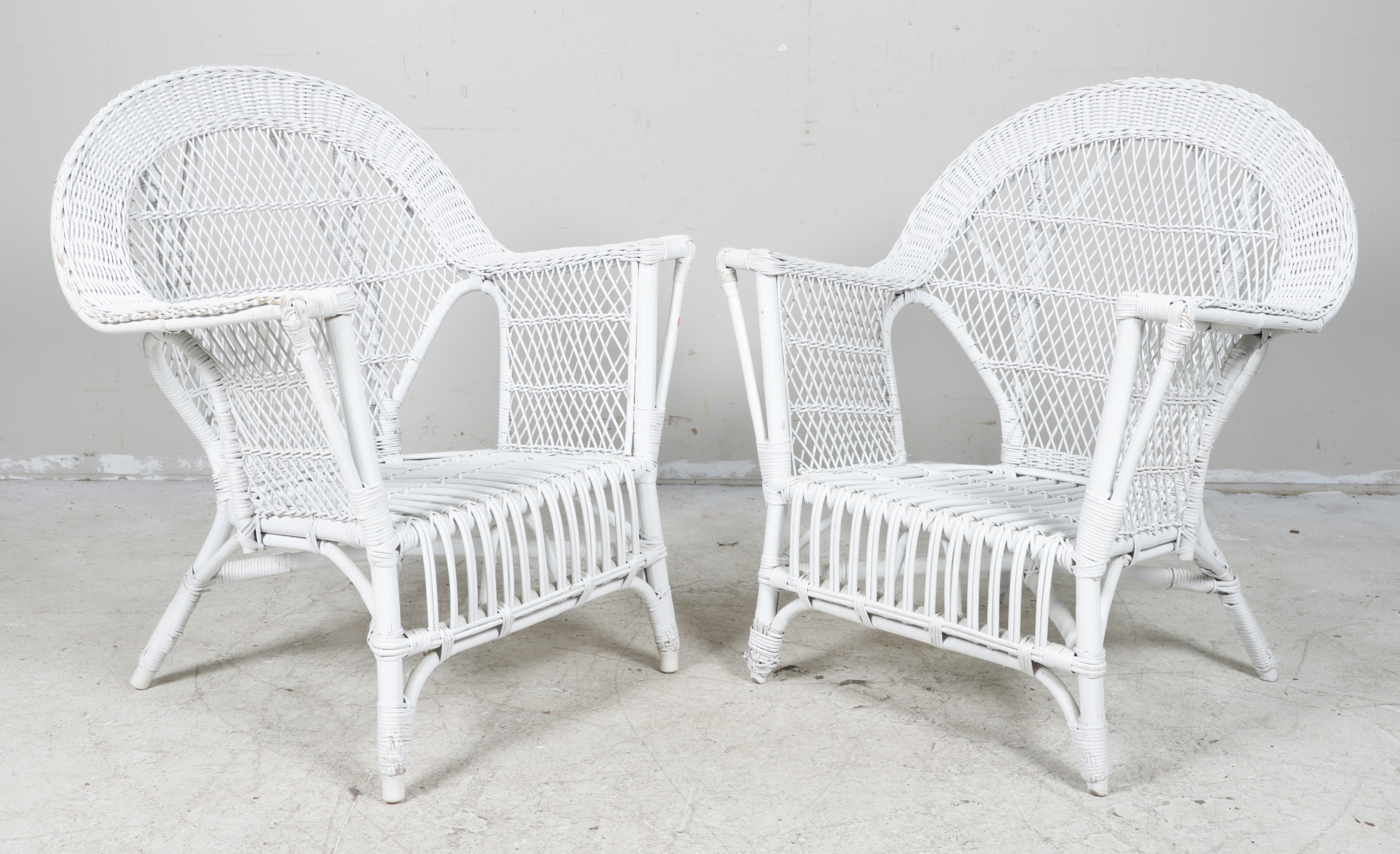 (2) Wicker armchairs, white