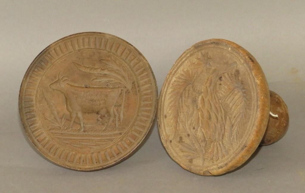 2 WOODEN ROUND BUTTER PRINTS: COW