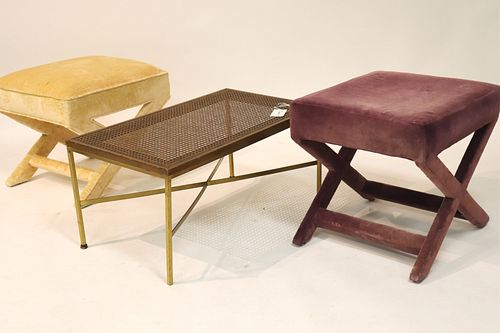 2 "X" FORM UPHOLSTERED STOOLS;