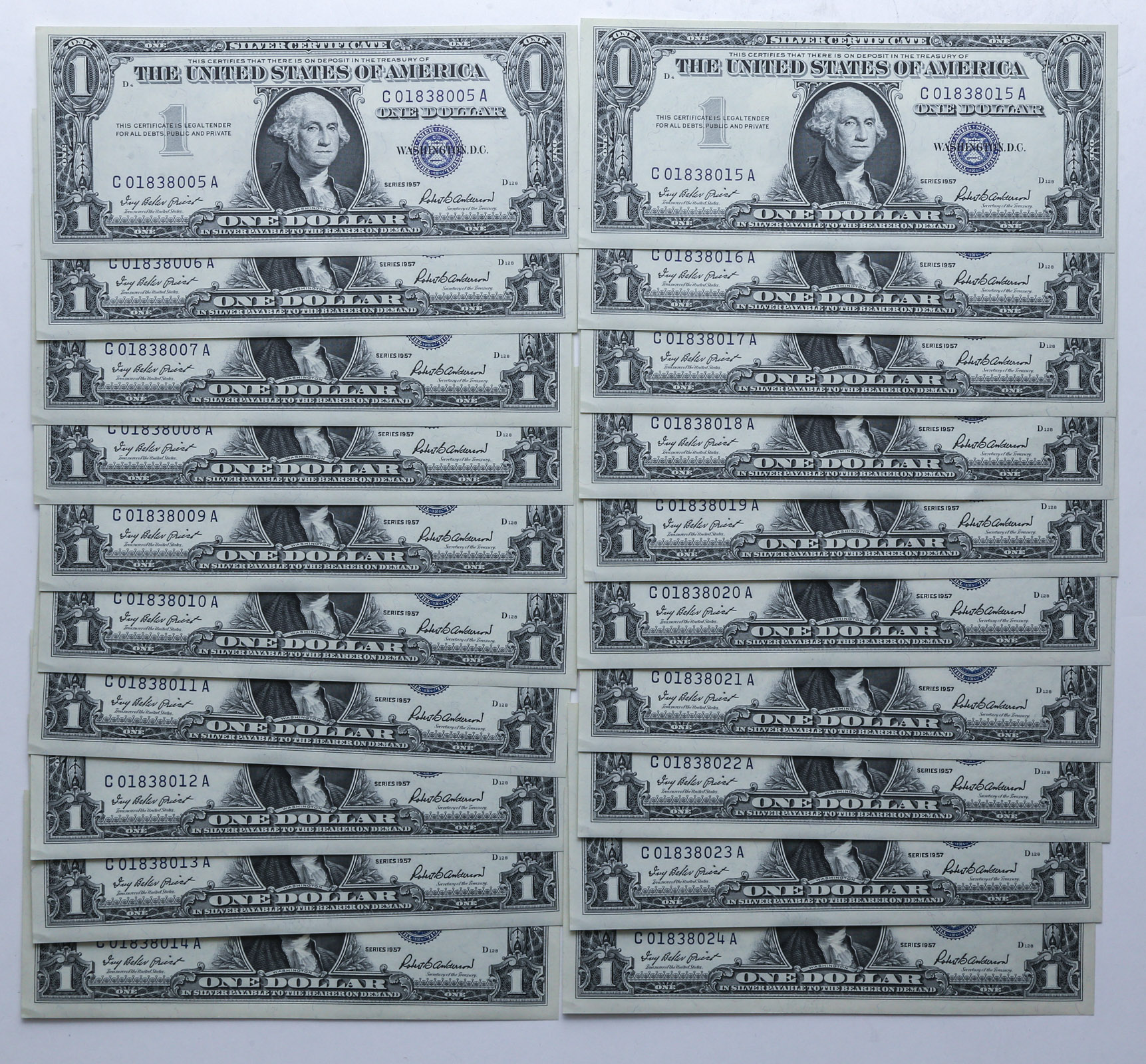 20 1957 $1 SILVER CERTS CU