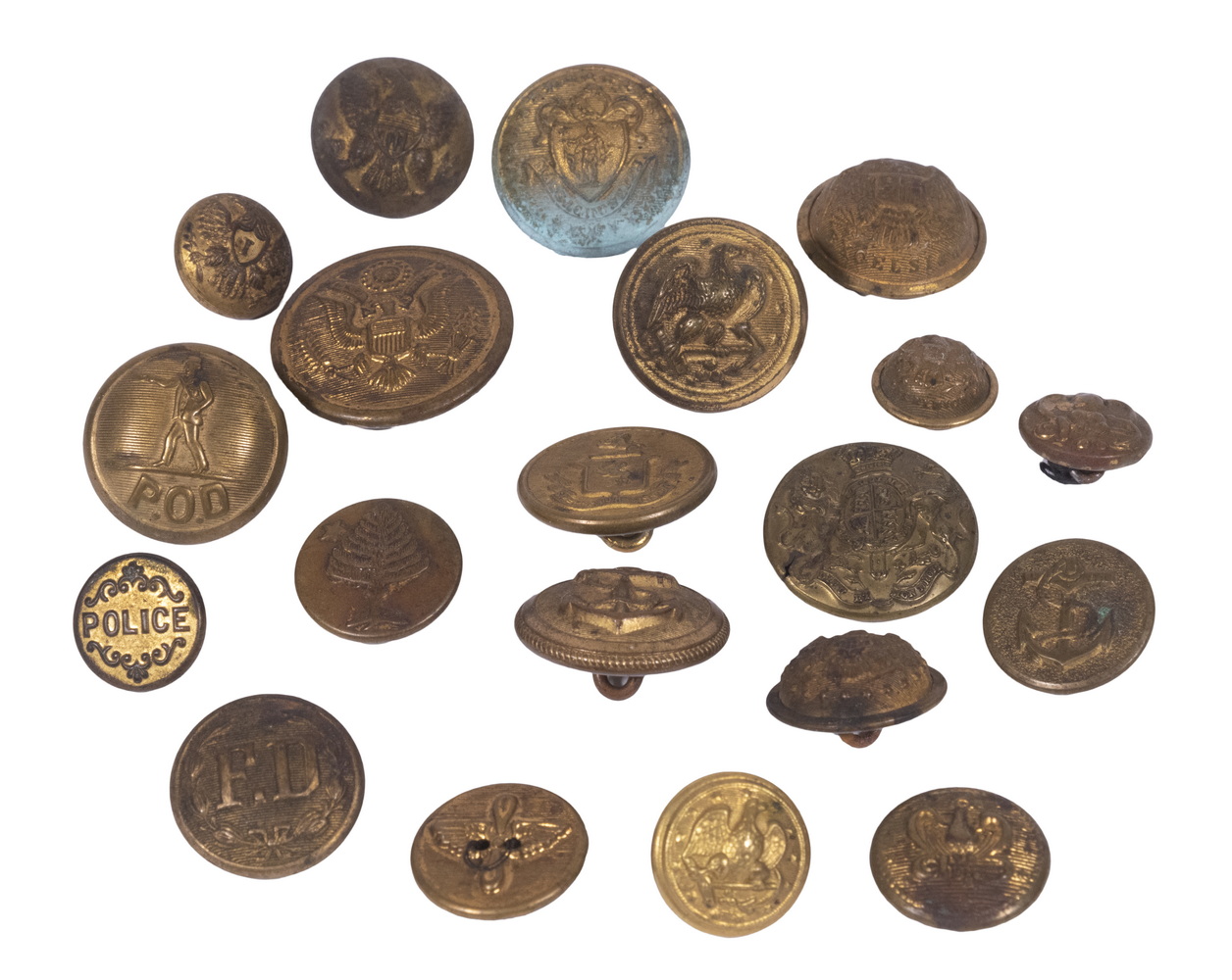 (20) EARLY BRASS UNIFORM BUTTONS,