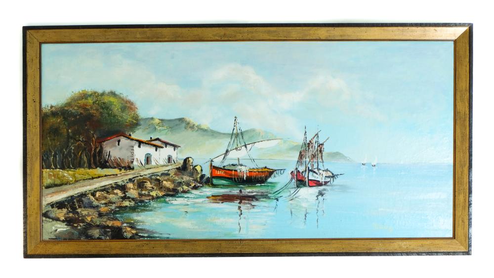 20TH C OIL ON BOARD FISHING BOATS