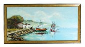 20TH C OIL ON BOARD FISHING BO