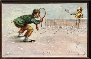 20th C. oil on canvas, two clowns