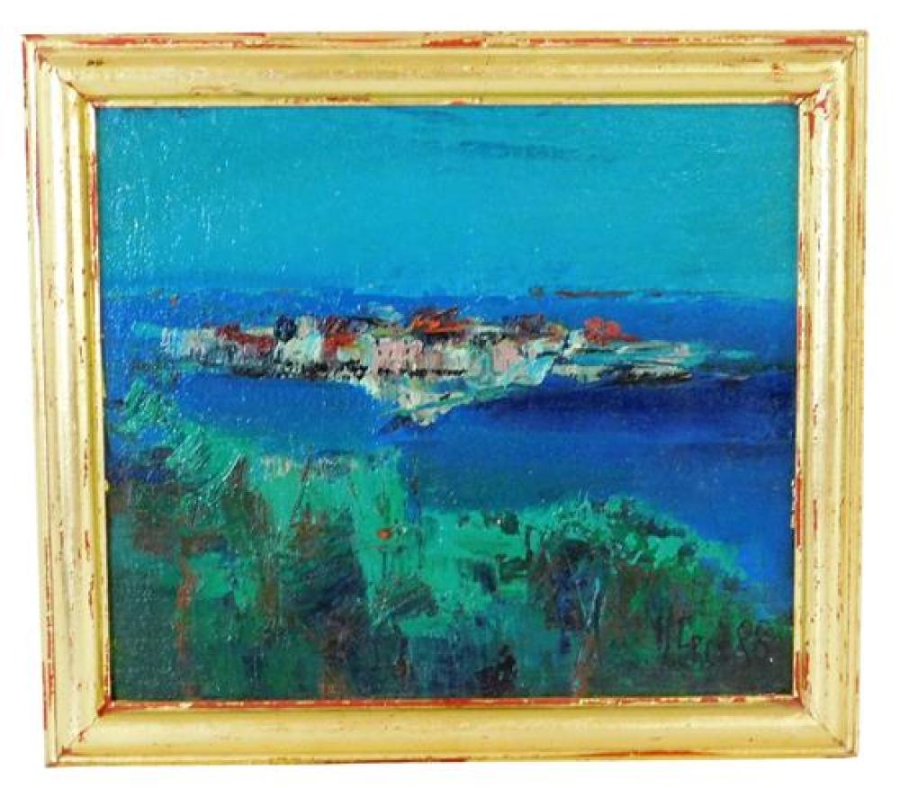 20TH C. OIL ON LINEN, HARBOR SCENE,