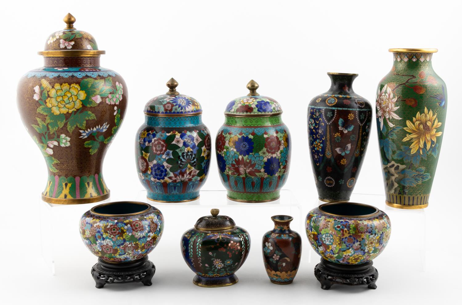 20TH CENTURY, 9 CLOISONNE JARS &