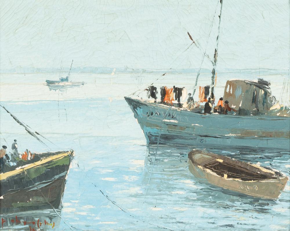 20TH CENTURY: BOATS IN HARBORoil on
