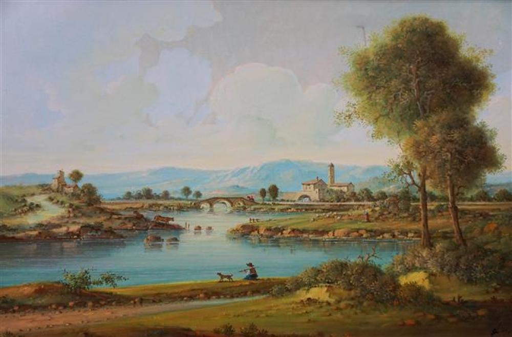 20TH CENTURY, BOY AND DOG ON SHORE,
