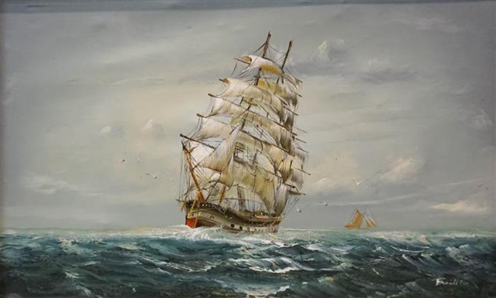 20TH CENTURY SCHOOL, MASTED SHIP AT